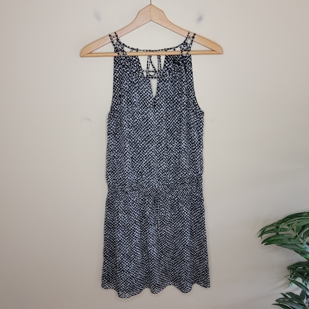 WHBM | Beaded Caged Neckline Dress with Elastic Waist Black White Print Small